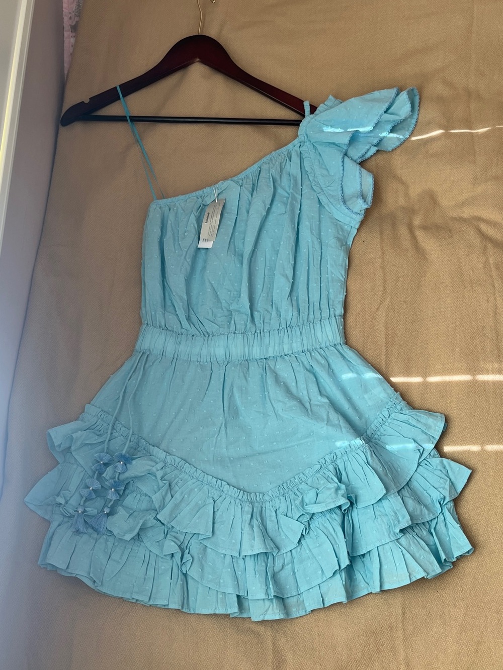 NWT Poupette St. Barth Baby Blue Kaia One-Shoulder Mini Dress